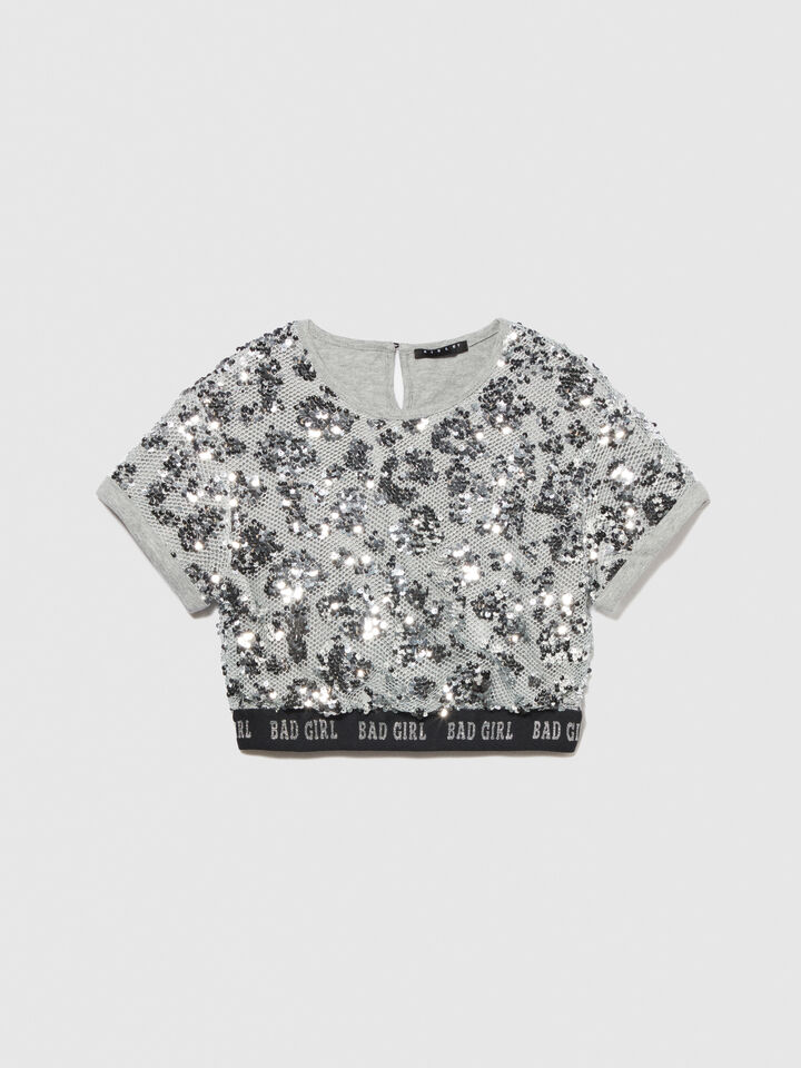 Blouse with mesh and sequins - girls' shirts and blouses - Silver | Sisley Young image number 1